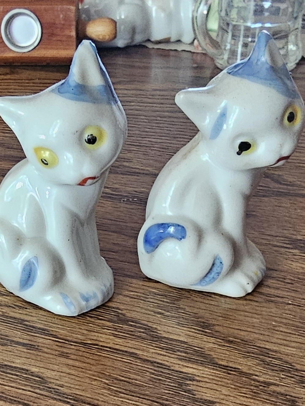 Vintage Ceramic Cat Salt And Pepper Shakers Pair - White with Blue Accents